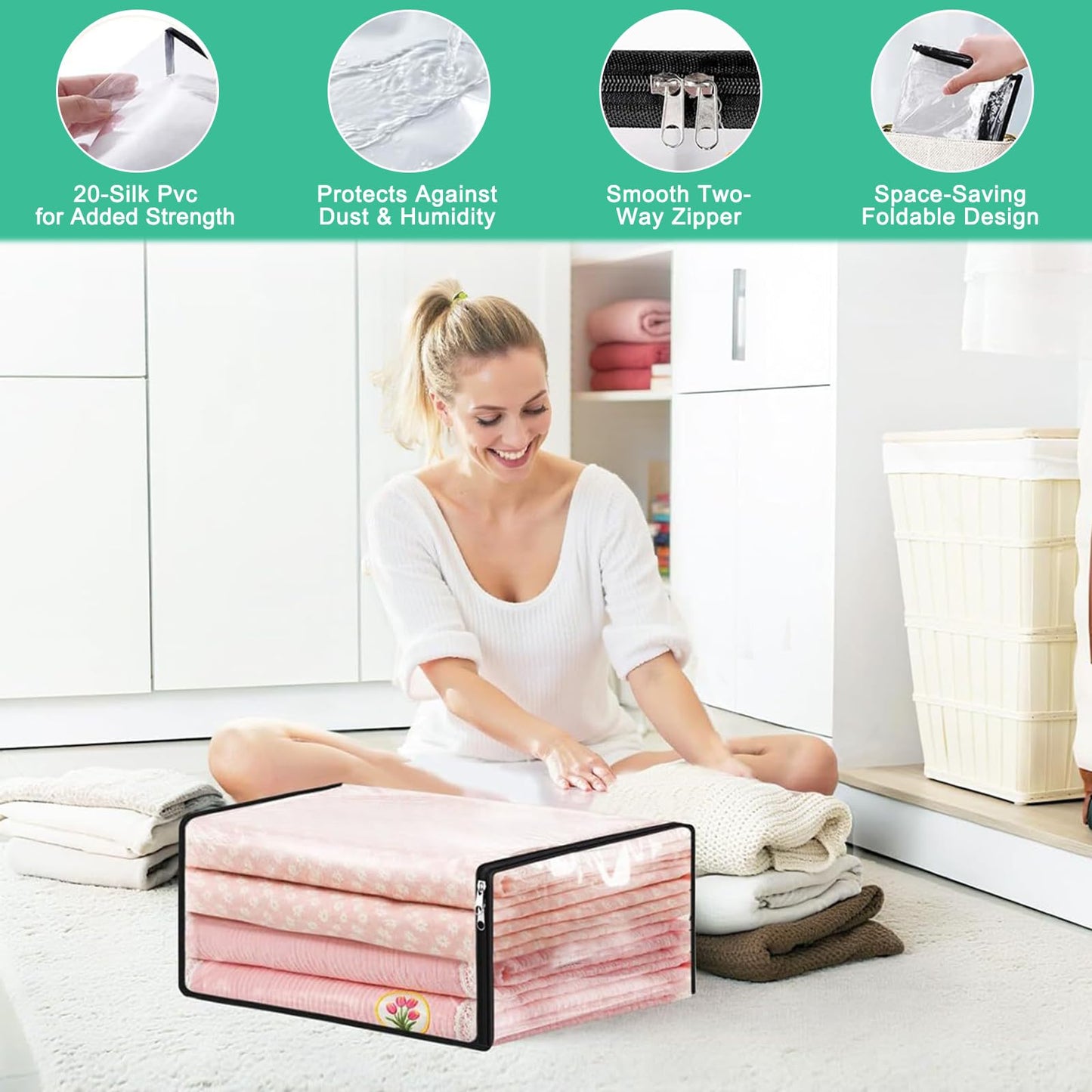 6 Pack Clear Storage Bags with Zips, 36L Foldable Clothes Storage Bags PVC Clothing & Wardrobe Storage Organiser Waterproof Loft Storage Bagsfor