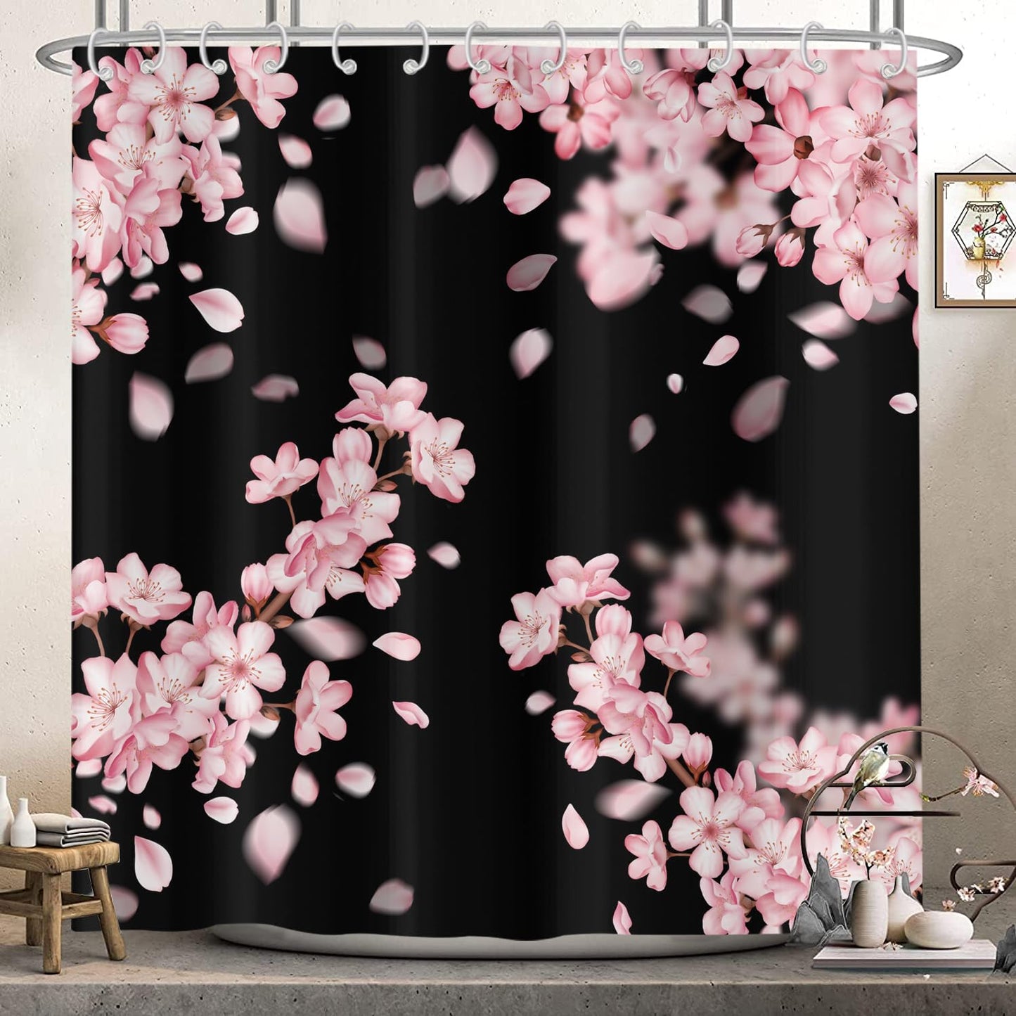 Hnmdmyi Cherry Blossom Shower Curtain 90x180, Pink Floral Japanese Asian Style Sakura Aesthetic Art Black Bathroom Curtains with Hooks Waterproof