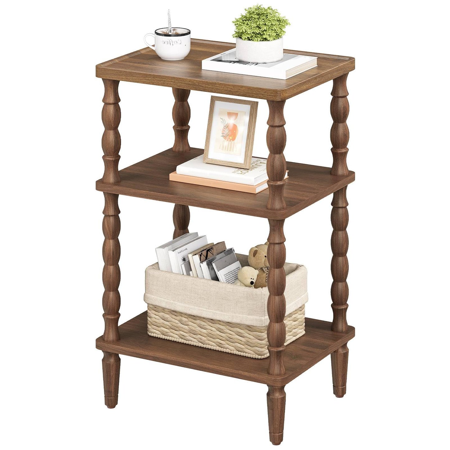 HOOBRO Side Table, 3-Tier Small Table with Solid Wood Legs, Retro Bedside Table Sofa Table with Open Shelf, Nightstand, Accent Table for Small Space
