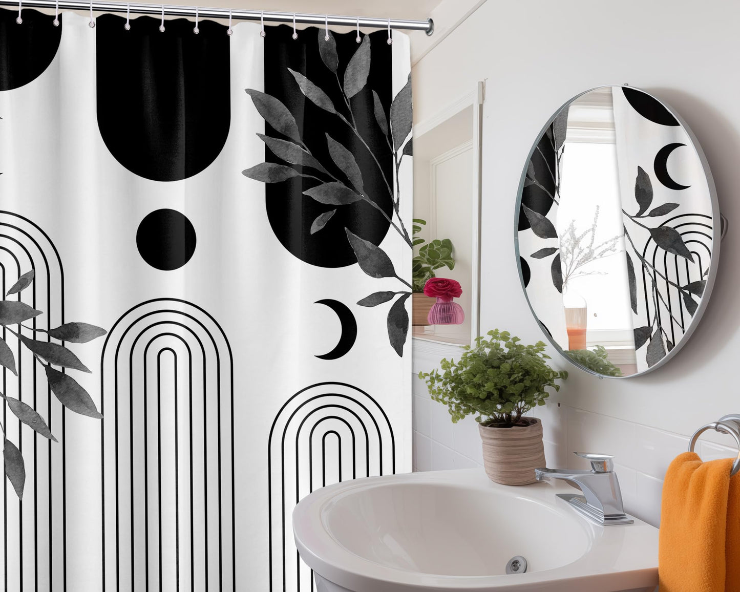 LanZanthic Black and White Shower Curtains for Bathroom Boho Mid Century Modern Leavesl Wet Room Shower Curtain with hooks, Mould Proof Resistant