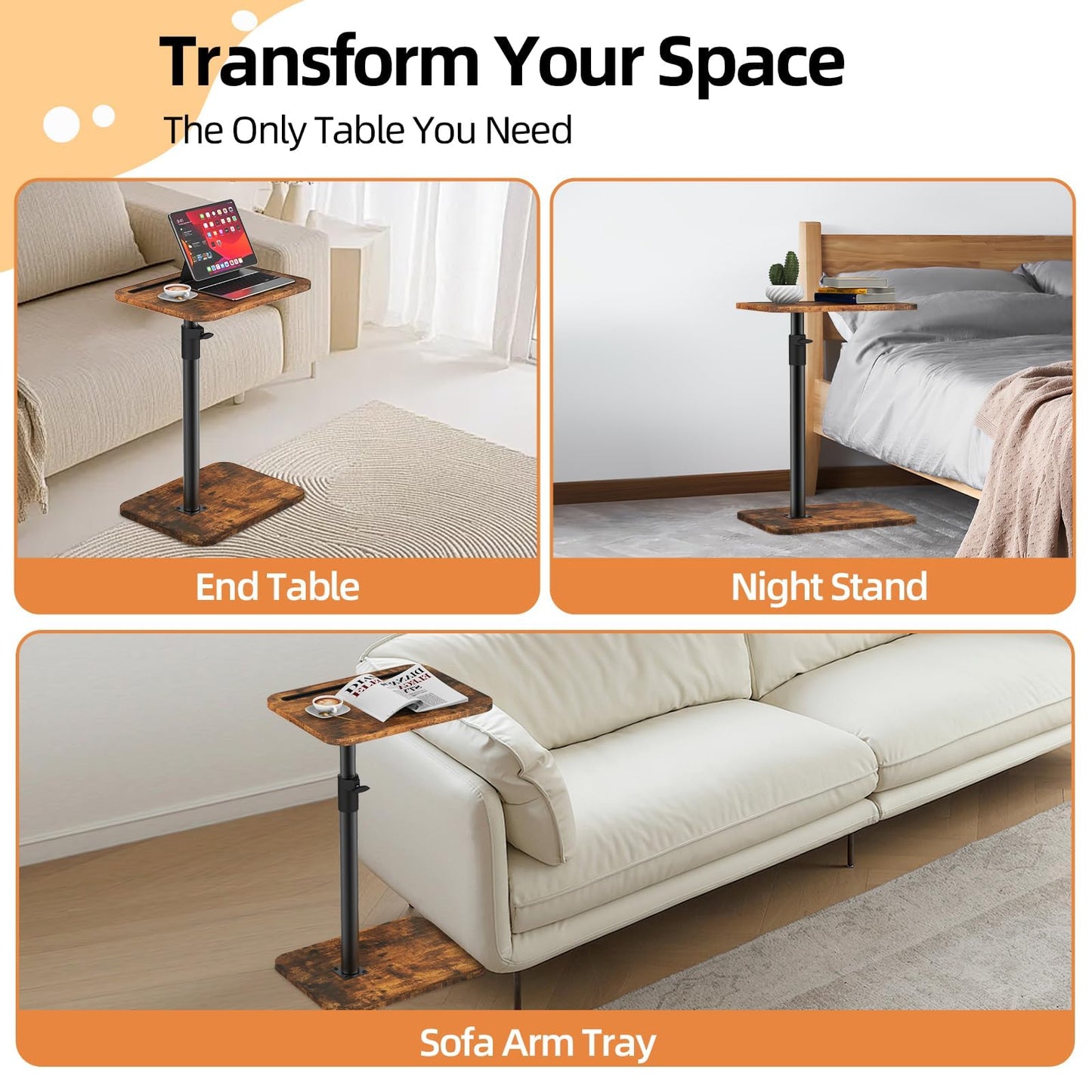 MOXYOY Side Table Adjustable Height, 360° Swivel, Small C Shaped Side Table