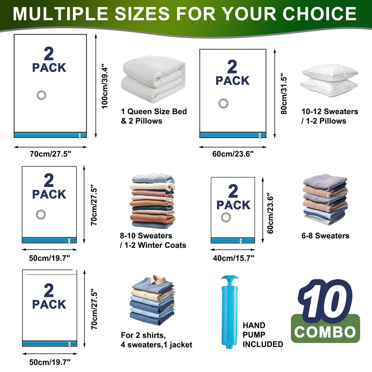 Oumaru Vacuum Storage Bags for Clothes, Vacuum Bags, Space Saver Bags for Clothes, Duvets and Pillows, Hand Pump Included, 10 Combos