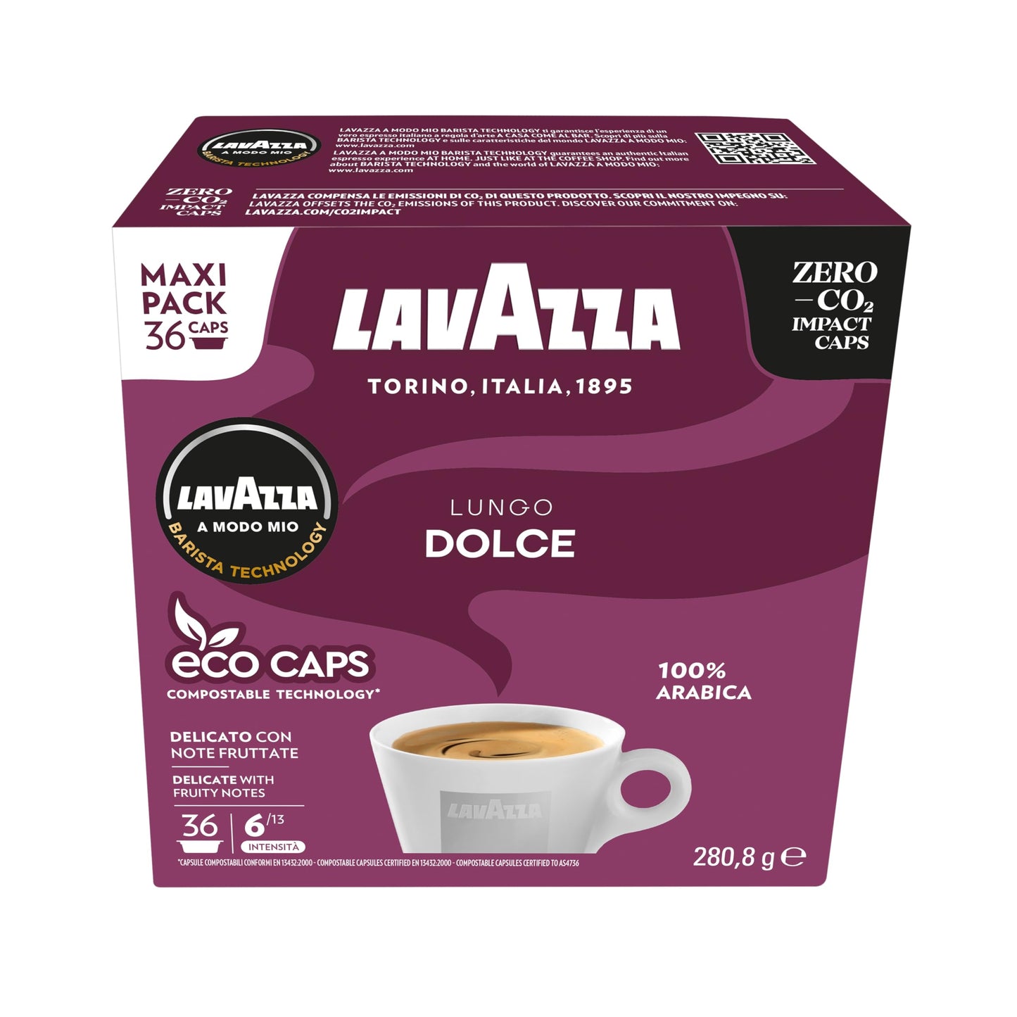 Lavazza A Modo Mio Lungo Dolce, 36 Coffee Capsules, with Aromatic Notes of Dried Fruits, for a Sweet Espresso, 100% Arabica, Intensity 6/13, Medium