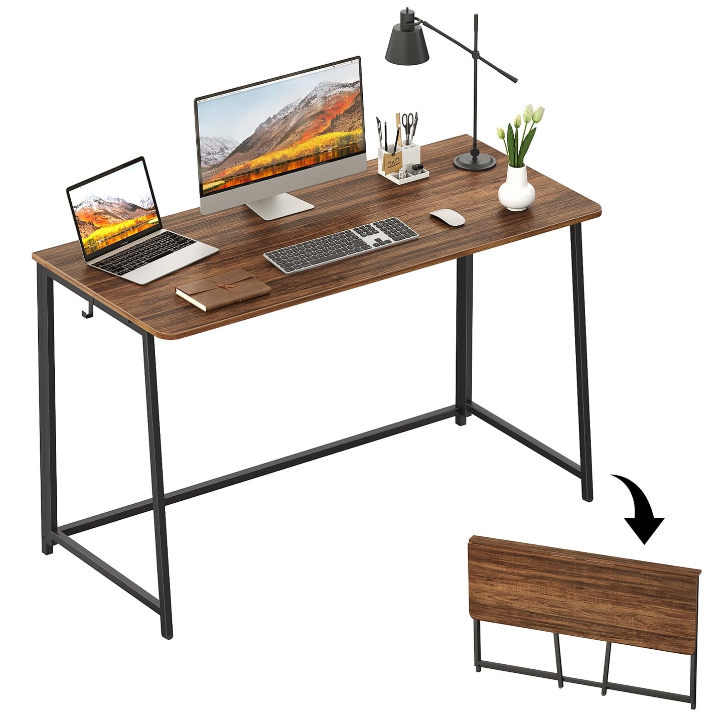 WOHOMO Folding Desk, 120cm Foldable Computer Desk for Bedroom, Walnut