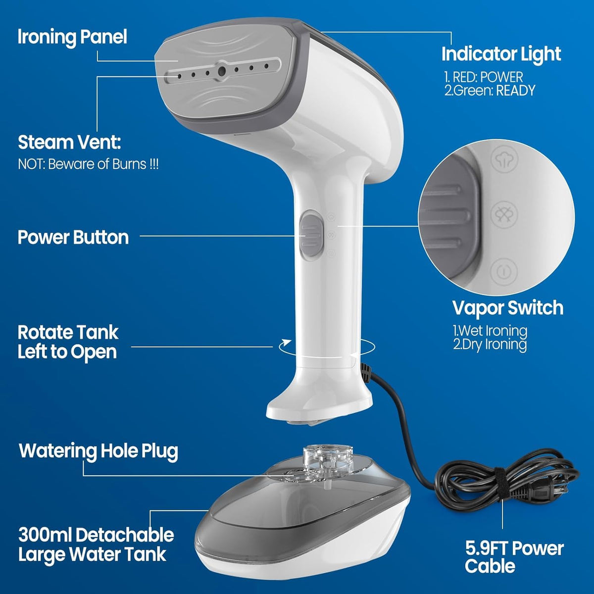 Powerful Handheld Fabric Steamer - 1800W with Fast Ceramic Heat-Up Plate, 2-in-1 Ironing & Wrinkle Remover, Steam Nozzle, Lint Brush - White, 220V