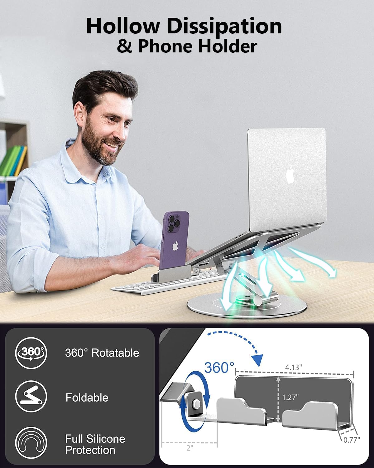 LOXP Ultra-Stable Aluminumy Swivel Laptop Stand for Desk with Rotating Foldable Phone Holder, 300% Large Base Stability, Anti-Loosening Structure