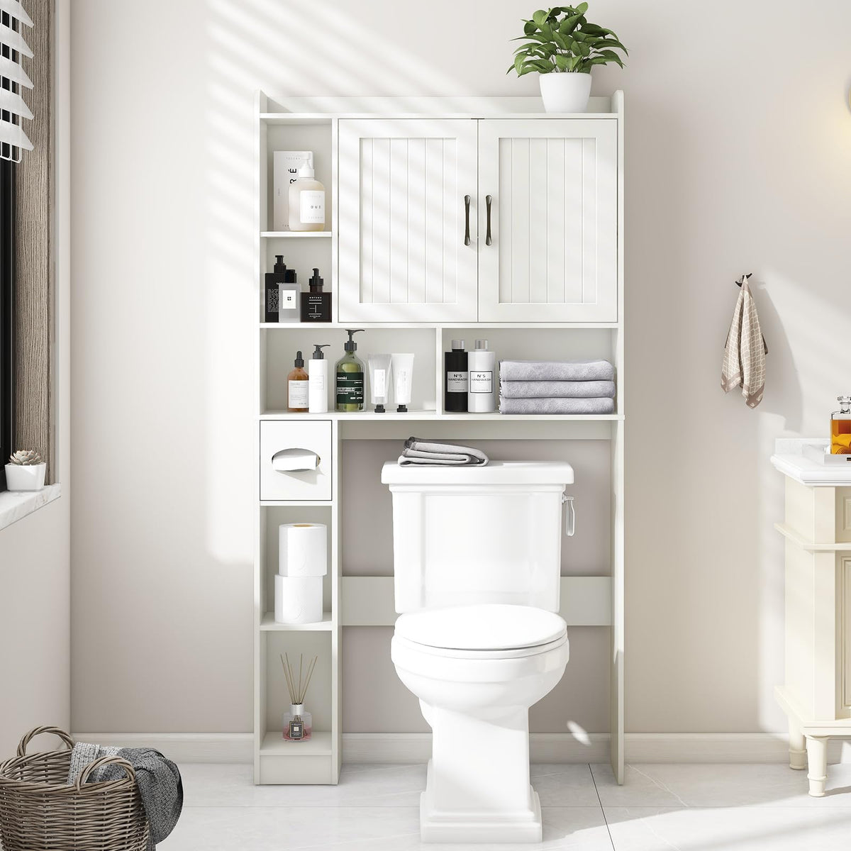 BonVache Over the Toilet Storage Cabinet, Farmhouse Rack with Barn Door