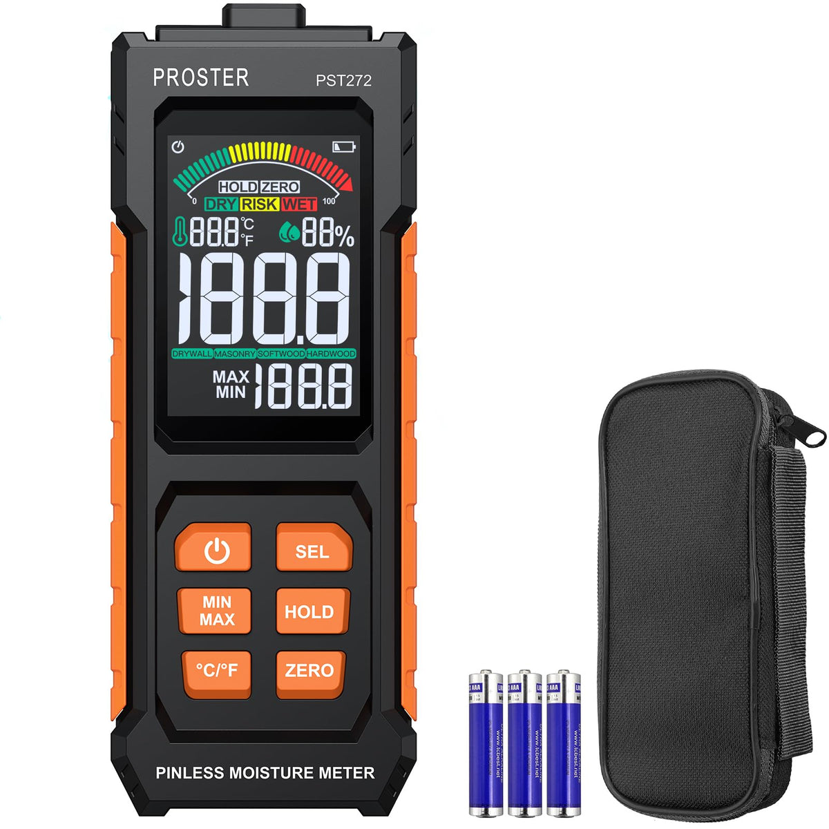 Proster Pinless Damp Meter for Walls - Wood Moisture Meter with Tri-Colour Bar Chart & Visual & Sound Alerts Non-Invasive Moisture Detector for