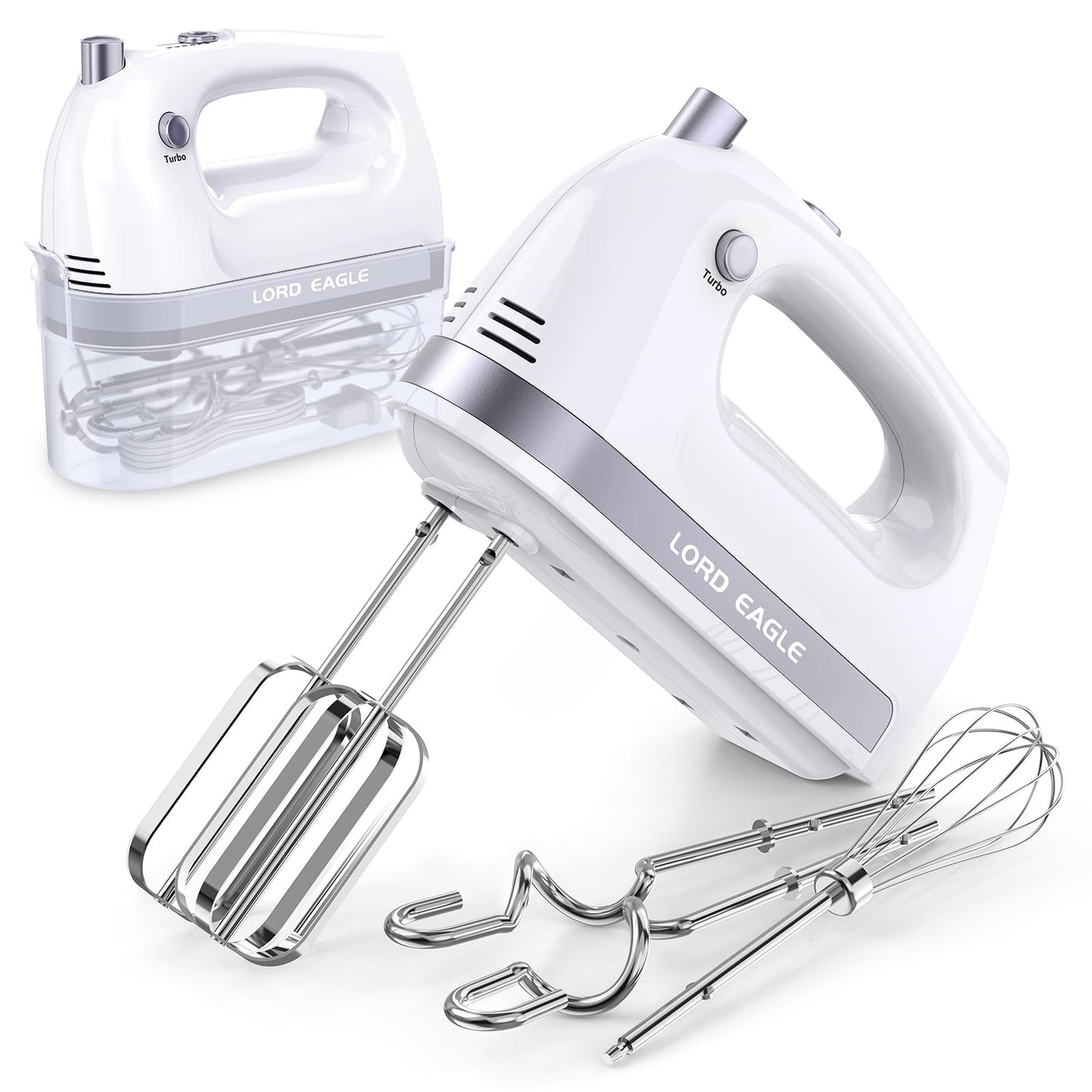 Lord Eagle Hand Mixer Electric Whisk, 400W Power Handheld Mixer for Baking Cake Egg Cream Food Beater, Turbo Boost/Self-Control Speed + 5 Speed +
