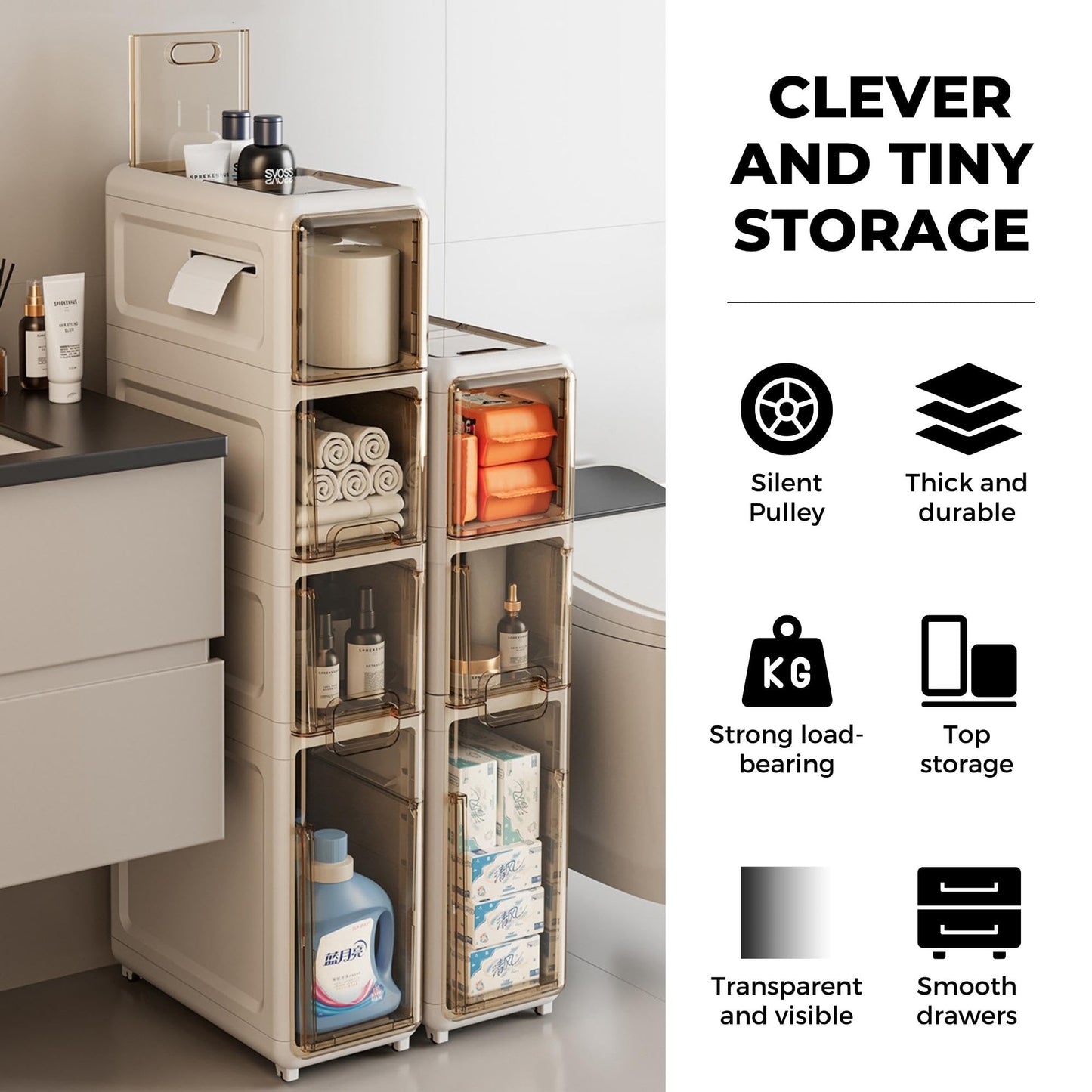 MAGIC SELECT Narrow Bathroom Organizer. Auxiliary Storage Furniture with Wheels for Narrow Places. Compact 4-Drawer Side Cabinet for Toilet Paper