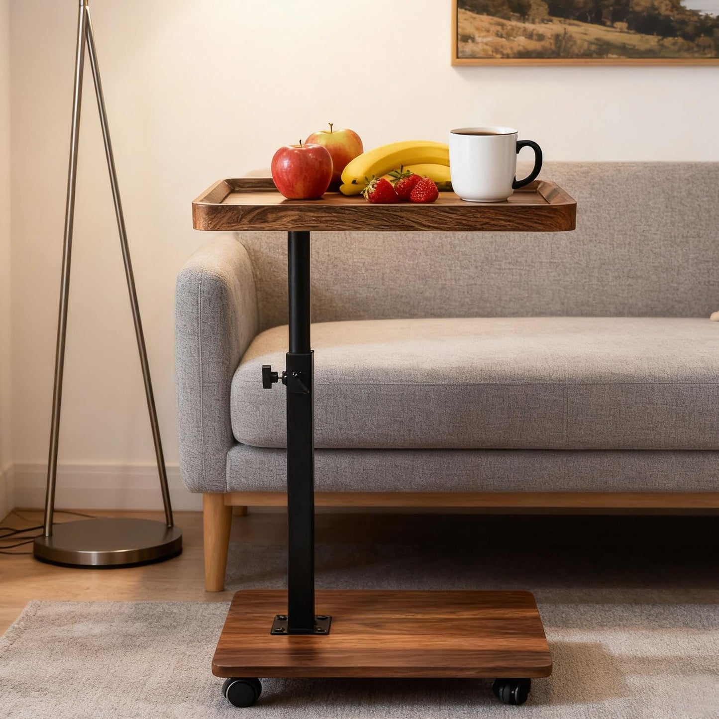 Adjustable Height C Shape Side Table,with 360 Degree Rotating Wheels ,Multifunctional Sofa Bed Side Table(Walnut Brown )