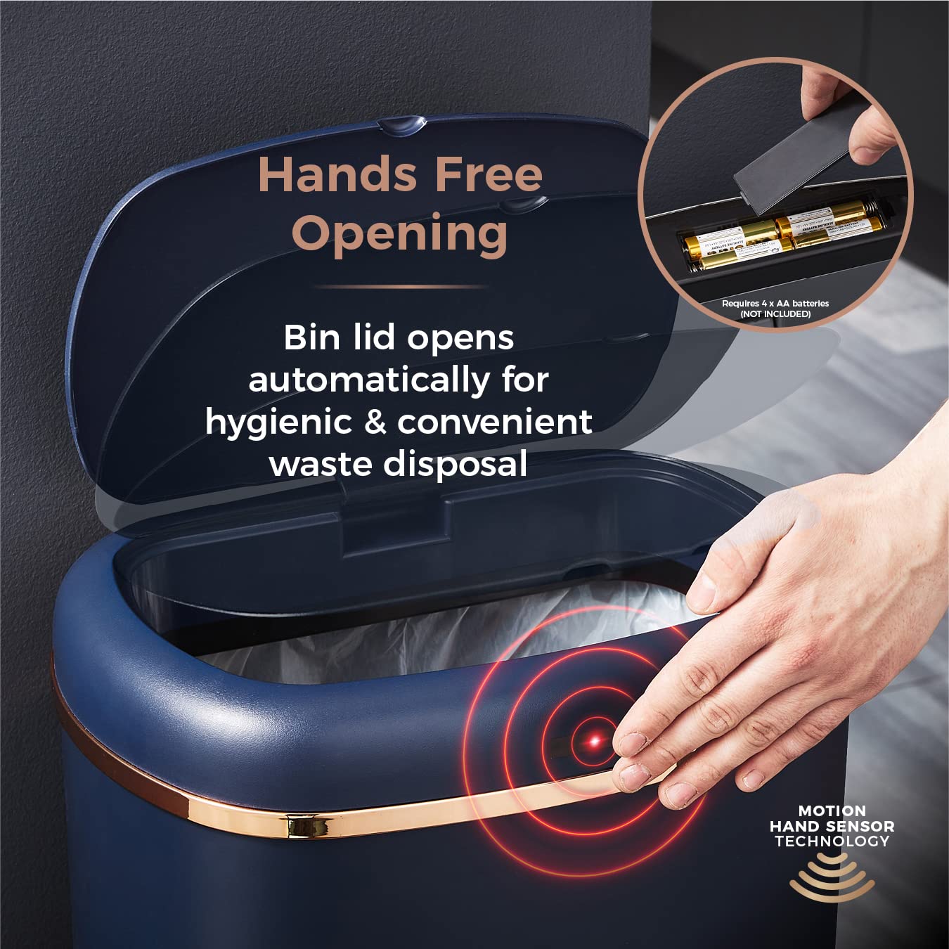 Tower T838010MNB Cavaletto Square Sensor Bin, 58L, Midnight Blue and Rose Gold