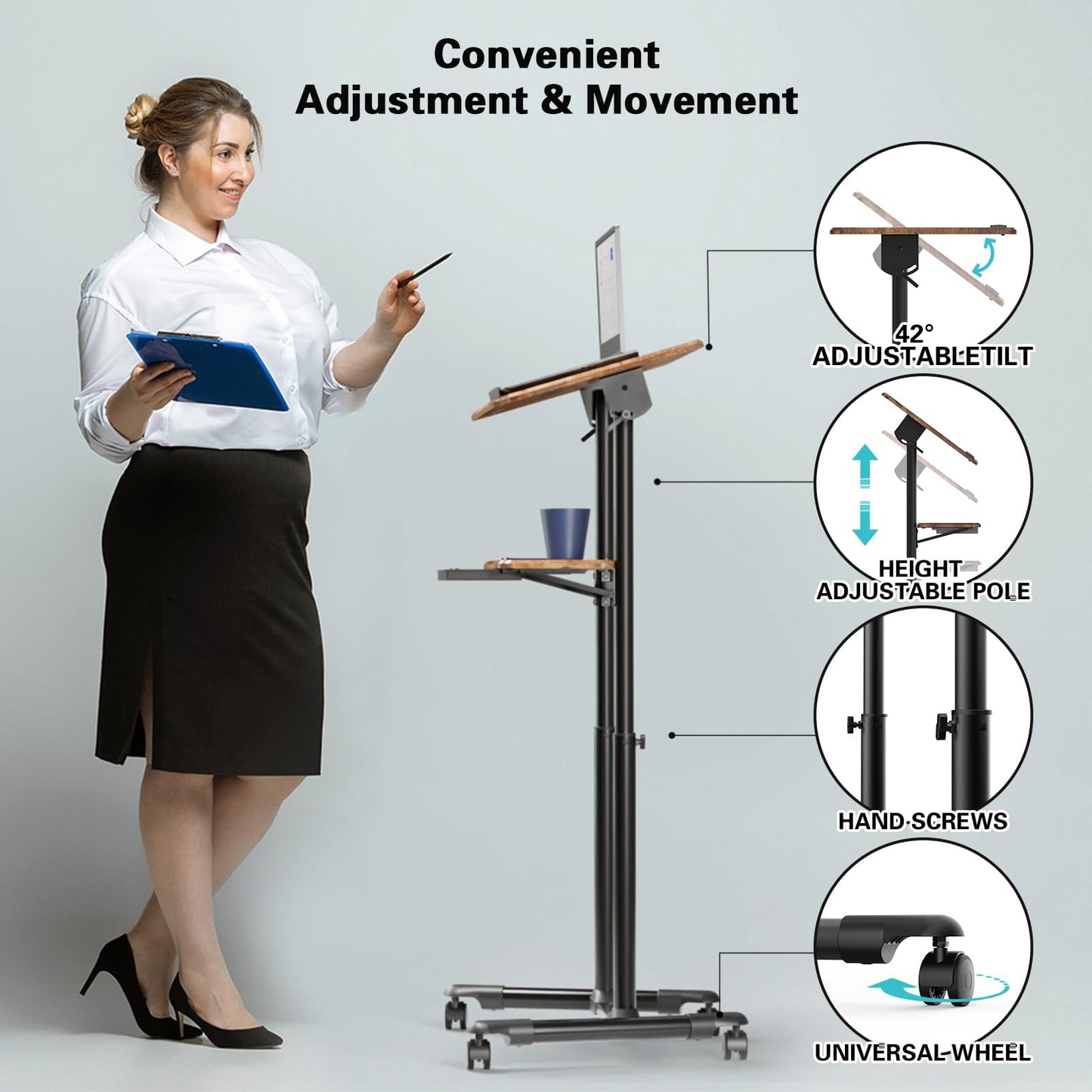 ETHU Adjustable Mobile Laptop Desk with Storage Tray 106-132cm