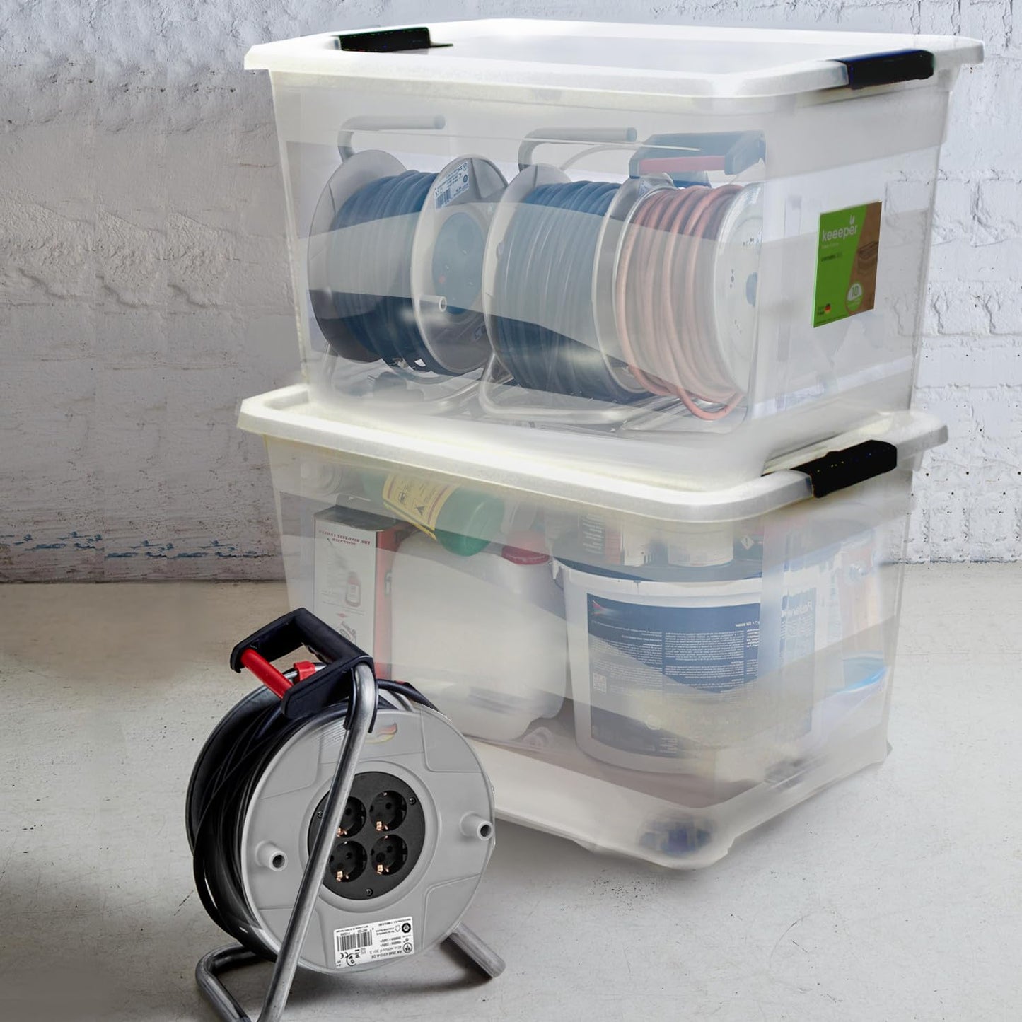 keeeper Cornelia 4 x Storage Boxes with Lid and Sliding Closure, 59.5 x 39.5 x 34 cm, 52 L, Transparent