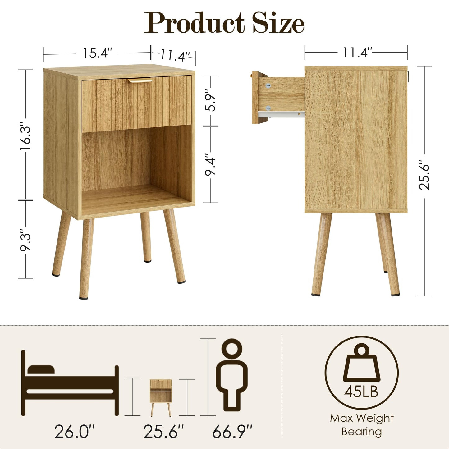 Apetaccat Bedside Table, Nightstand with Drawer and Storage Shelf, Oak