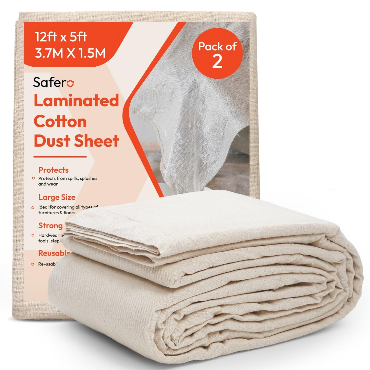 Pack of 2 Laminated Cotton Dust Sheets for Decorating & Painting Size 12 feet x 5 feet | Paint Cover Sheet Backed with Plastic Polythene Sheeting |