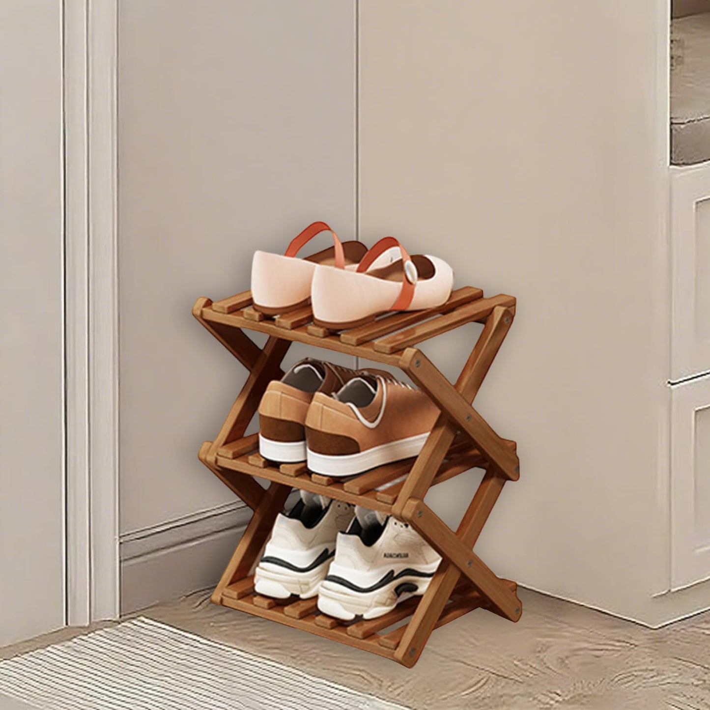 Kiss Me 3-Tier Foldable Bamboo Shoe Rack Narrow Vertical Organizer