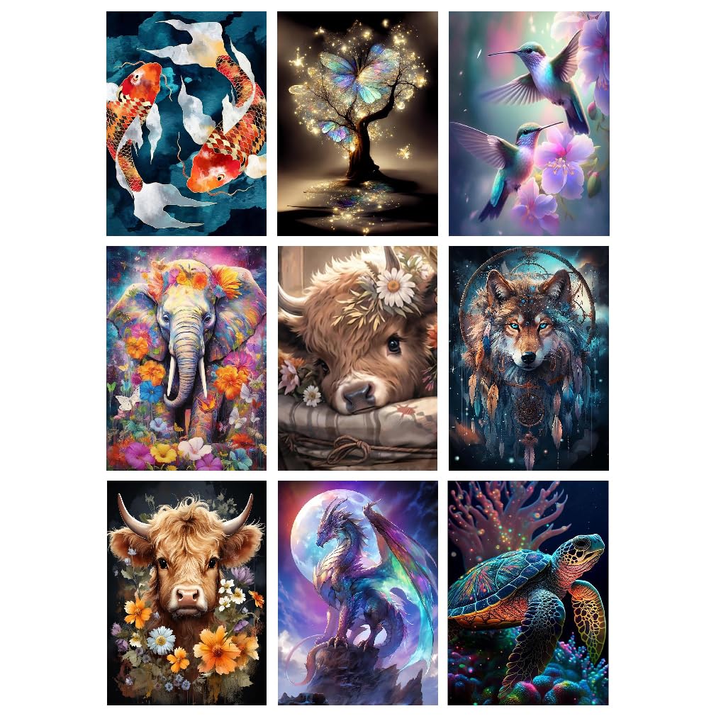 9 Pack Animal Diamond Painting Kits for Adults 5D Elephant Cow Diamond Art Kit Paint by Number for Beginners, DIY Dragon Round Full Drill Diamond