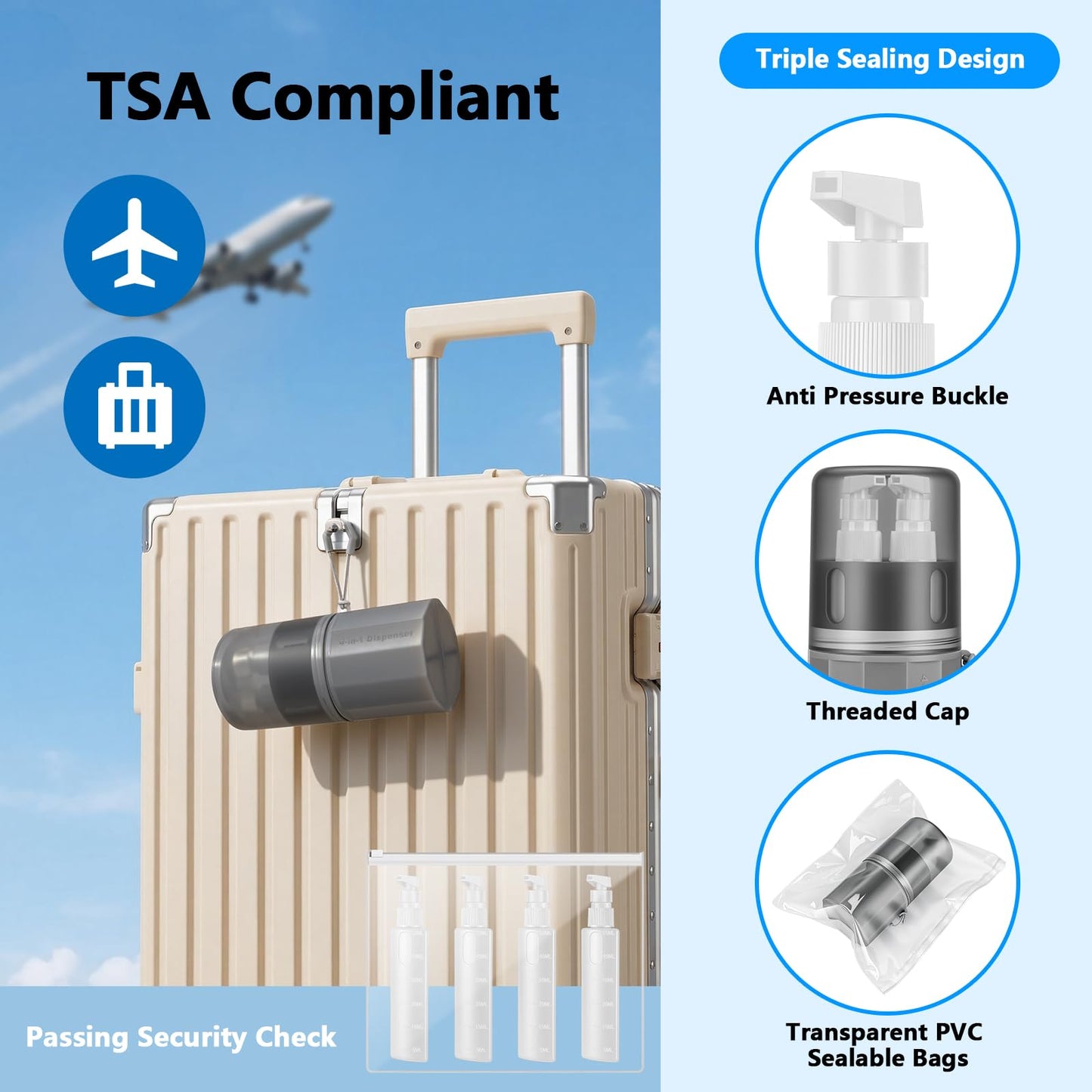Yotako 4 in 1 Travel Bottles Dispenser - TSA Leak Proof Refillable Silicone Squeeze Pump Dispenser Bottles with Suction Cup
