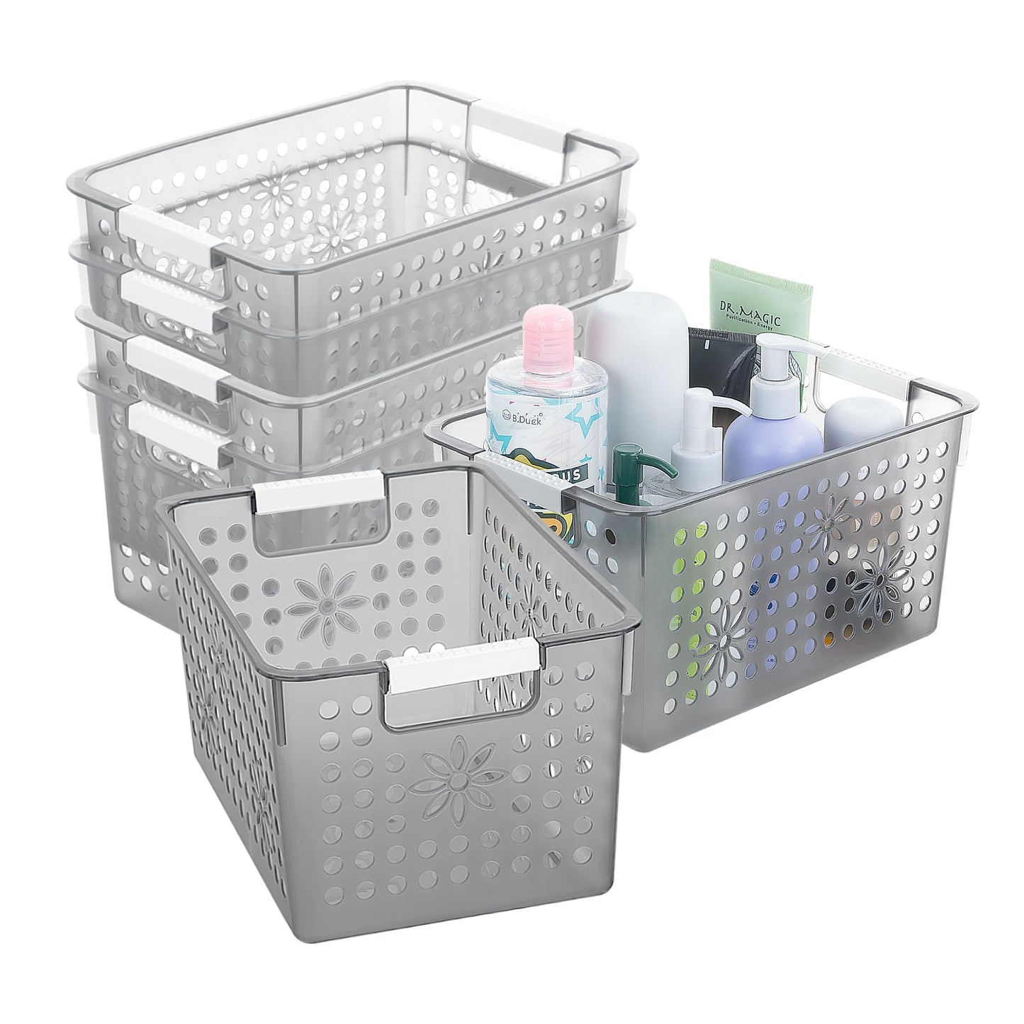Cetomo Plastic Storage Box, Storage Baskets with Handle, Shelf Basket Organizer with Hole, Open Top Storage Bin for Home Kitchen Office, Clear Black