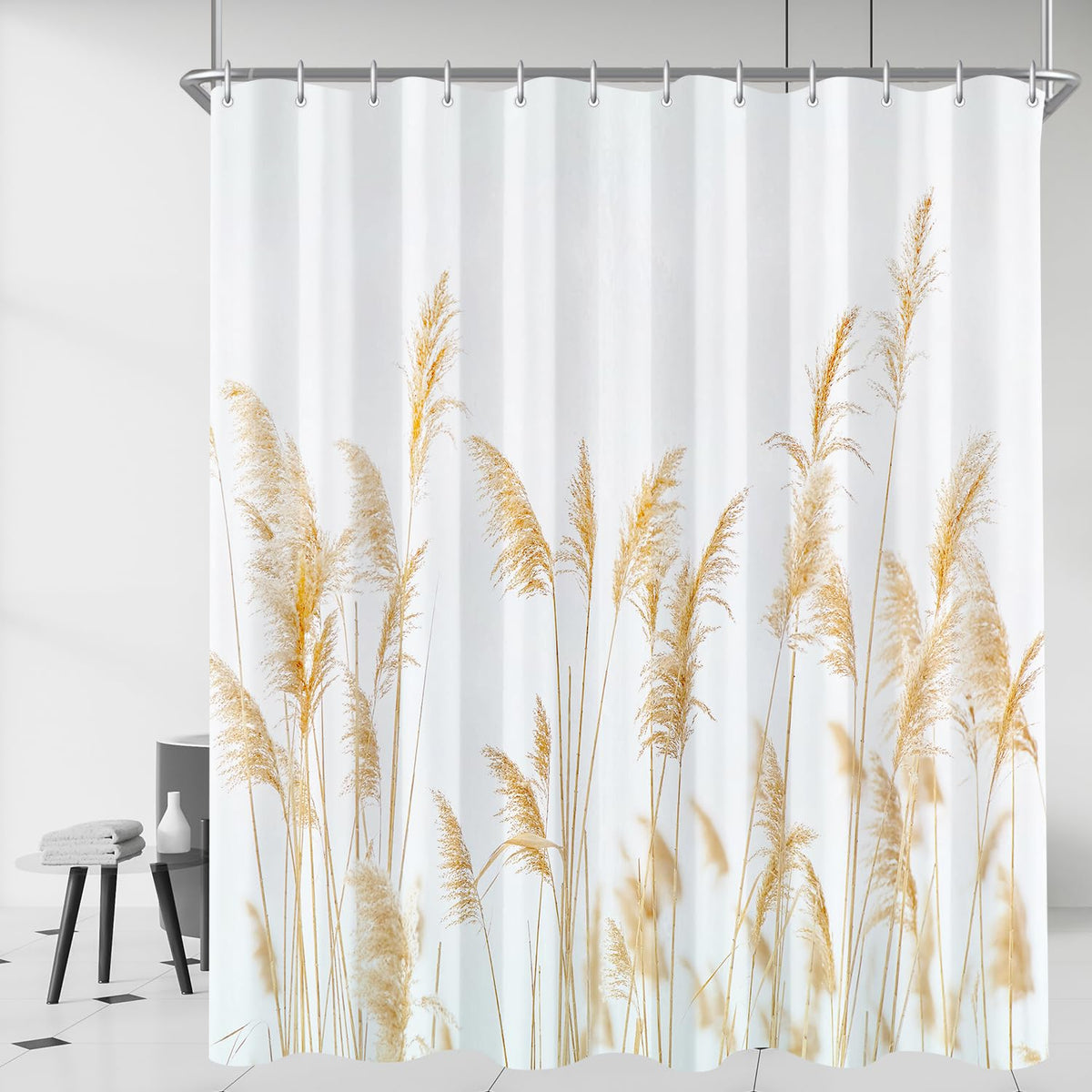 Lerores Shower Curtain, 180 x 200 cm, Yellow Wheat Lace, Weighted Hem, Anti-Mould, Water-Repellent, Washable Polyester Bath Curtains with 12 Eyelets