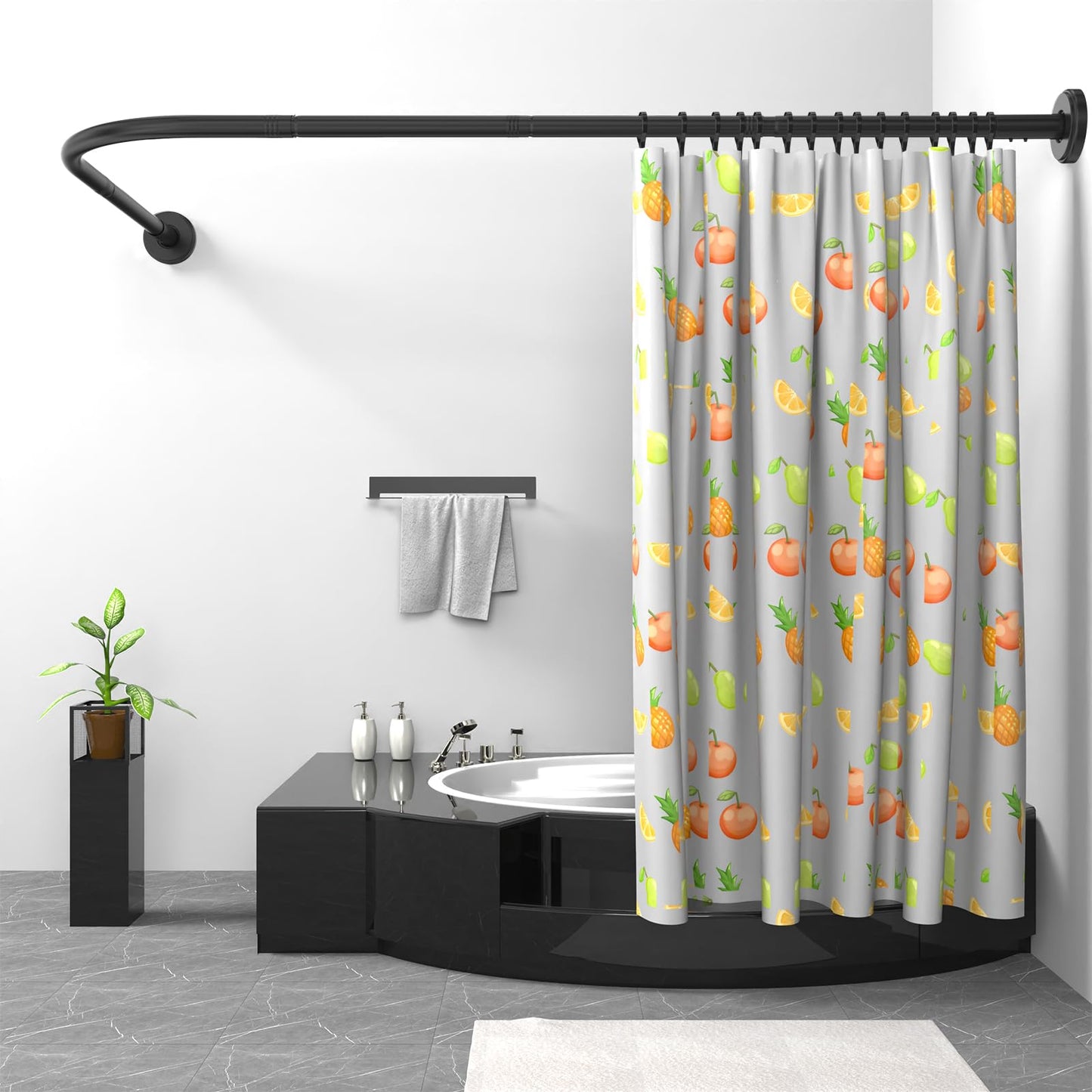Misounda Shower Curtain Rail Rod L Shape, Adjustable Shower Curtain Rail 95x175 cm/100x165 cm Stainless Steel Curved Shower Rail,Black Shower Pole