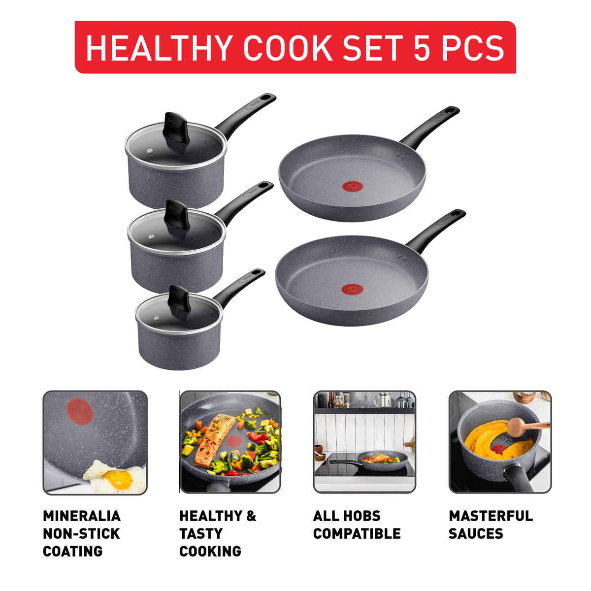 TEFAL Healthy Cook ON Induction 5PC Set (Saucepan 16/18/20 + lids, Frying pan 24/28cm)