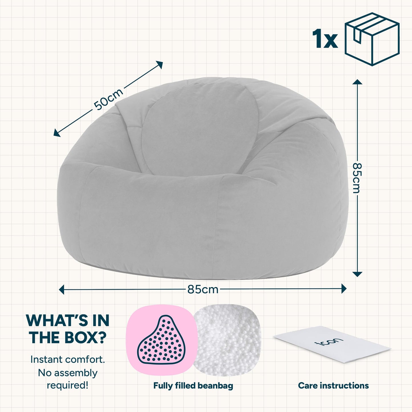 icon Kingston Velvet Bean Bag with Filling Included, Grey