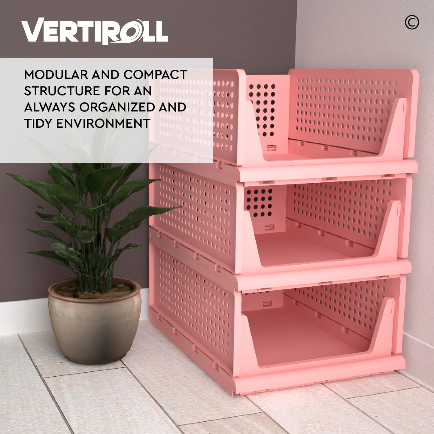 VertiRoll 4 Stackable Sliding Drawers Wardrobe Storage Organizer Plastic Box Pink Color for Home Kitchen Bathroom and Office Easy to Assemble
