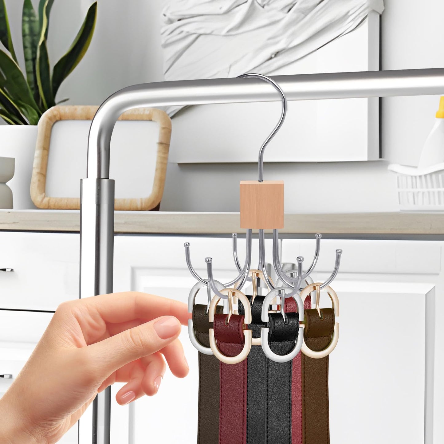 Niuoppy 2PCS 360°Swivel Belt Hanger for Wardrobe, Belt Hangers for Men, Belt Organizer Belts Rack with 6 Hooks (2, Log Color)