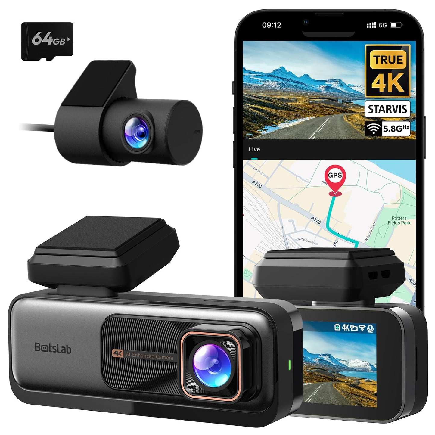 BOTSLAB 4K Dash Cam Front and Rear, 4K Car Dash Cam Front and 2K Rear Camera, Night Vision, STARVIS Dash Cam, ADAS, 170? Wide Angle, Built-in GPS and