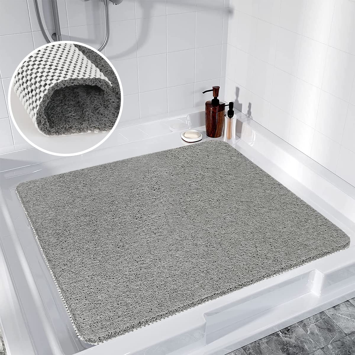 Square Shower Mat Non Slip Anti Mould, 80 x 80 cm Loofah Shower Mats for Inside Shower, Soft Bath Mat with Drain for Elderly, Quick Dry Bathroom Floor