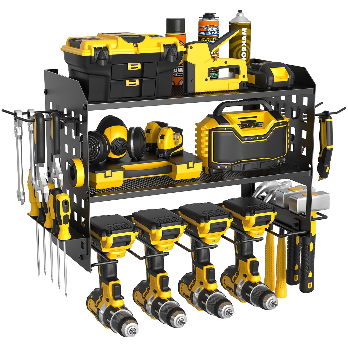 Yeabett 3 Layer Power Tool Storage, Tool Rack for 4 Drill Holders, Heavy Duty Wall Mounted Rack for Garage, Home, Workshop (Black)