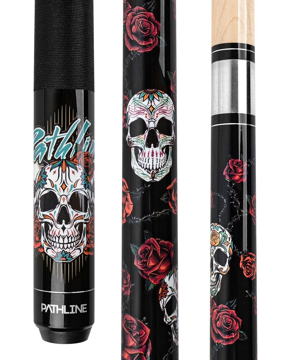 Pathline PL518 Pool Cue Stick - 58" Canadian Maple 13mm Tip Billiard Pool Stick(Black/Skull - 18oz)