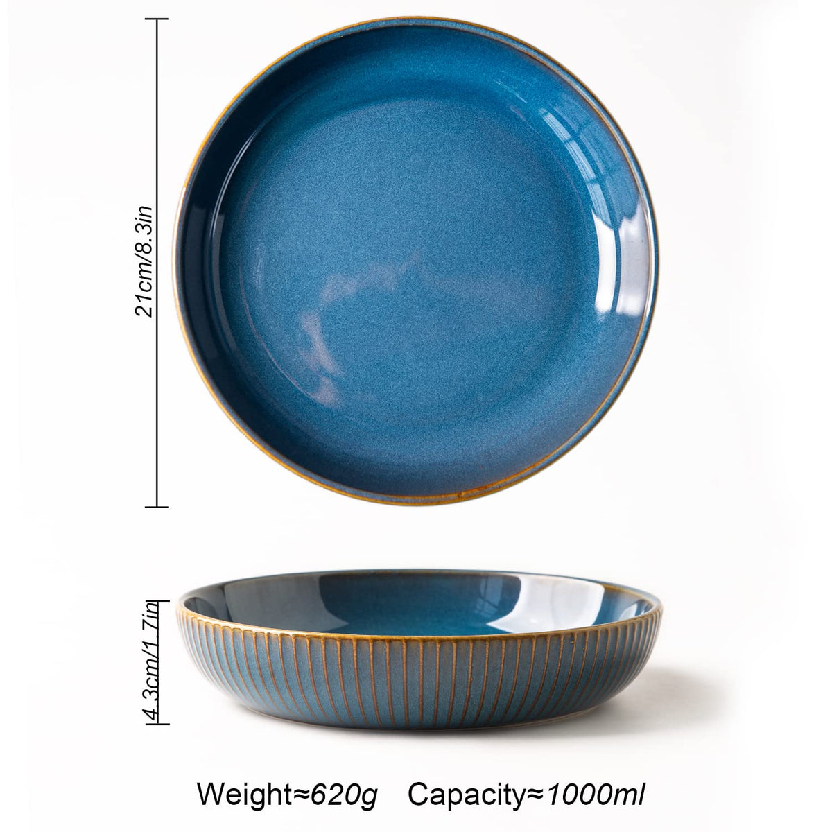 CSYY 4 Pcs Large Pasta Bowls, 1000ml 21cm Deep Porcelain Plates Set, Blue Round Premium Plates Set for Pasta, Salad, Soup, Fruit