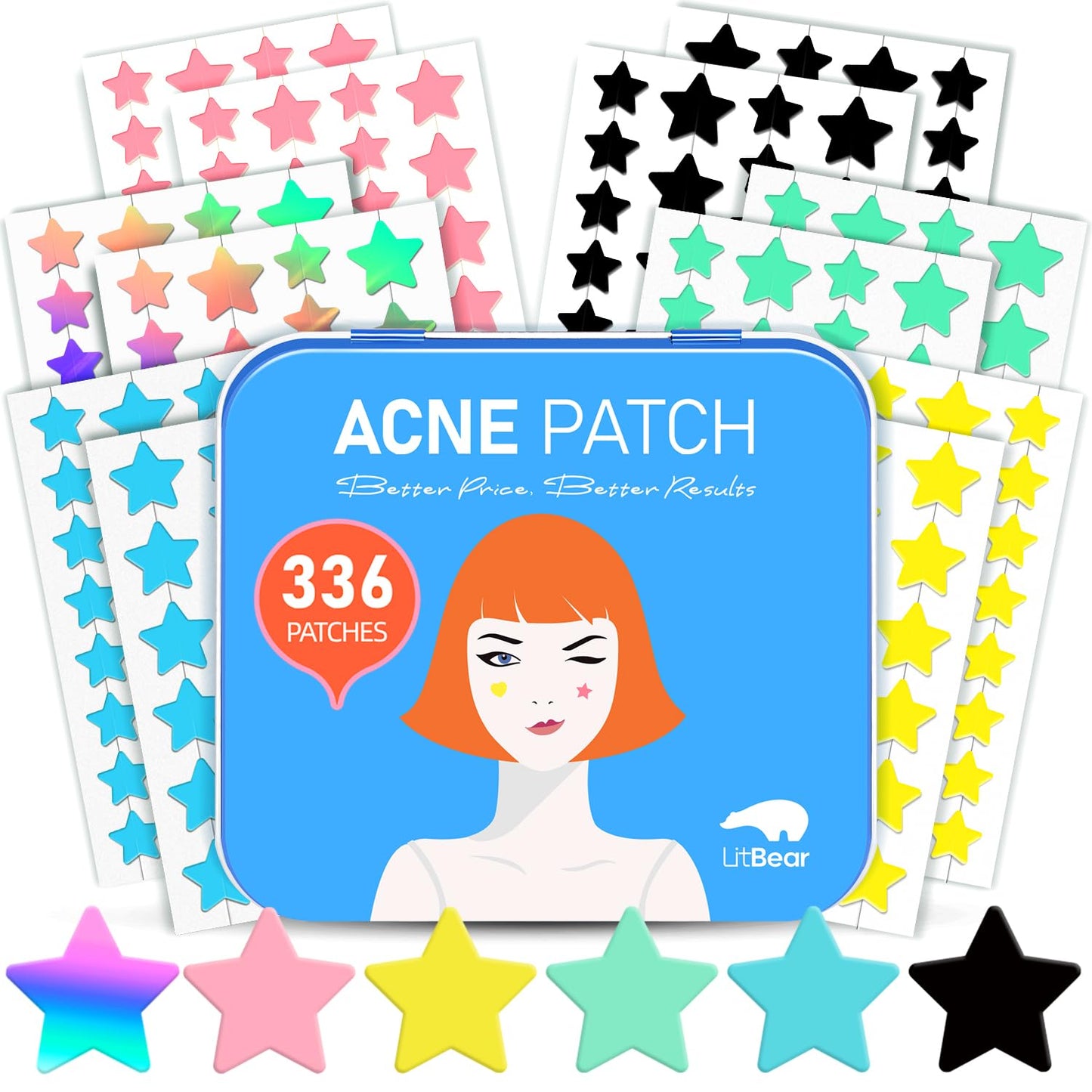 LitBear Acne Pimple Patch, 6 Colors 336 Dots Star Pimple Patches with Case, Tea Tree Oil & Centella Oil, Hydrocolloid Acne Pimple Patches for Face