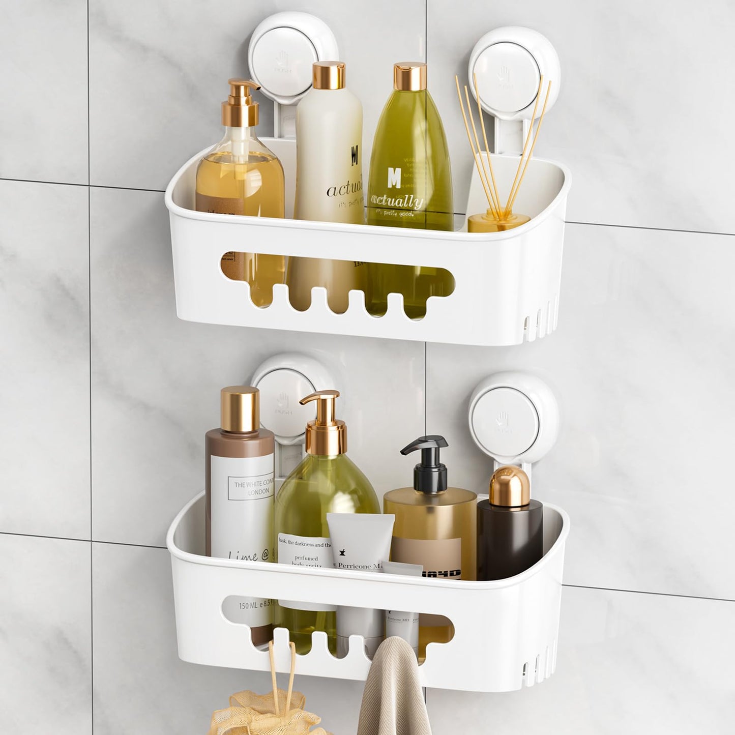 LEVERLOC Suction Shower Caddy Bathroom Basket Shelf Suction Shower Caddy Storage No Drilling Shampoo Holder Removable Powerful Bathroom for Shampoo