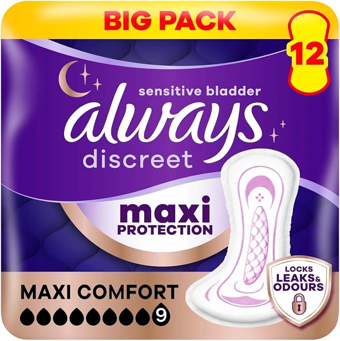 Always Discreet Maxi Comfort Incontinence Pads Women, 36 Pads, New but only 3 bags x 12pads, open box
