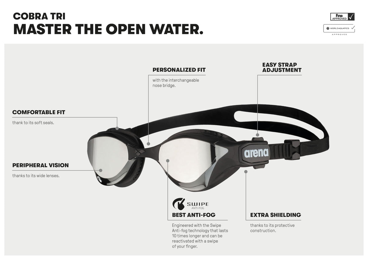 arena Cobra Tri Swipe Mirror Unisex Adult Triathlon Goggles, Swimming Pool Goggles with Mirror Lenses, Anti-Fog, UV Protection, 3 Interchangeable Nose
