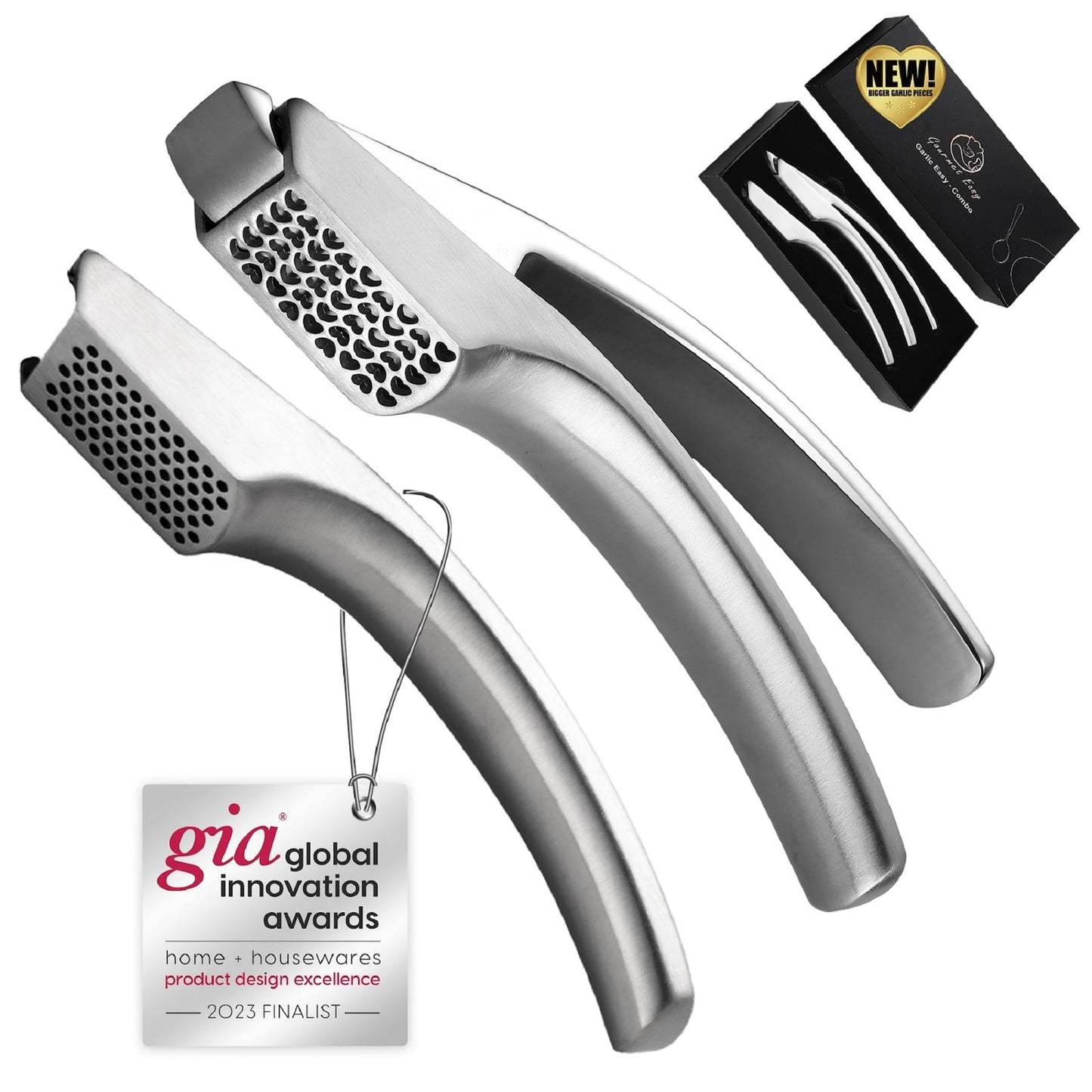 No Peeling Required Garlic Press Stainless Steel with Two Detachable Handles for Coarse & Fine Mincing - Premium Garlic Mincer Tool, Easy to Clean,