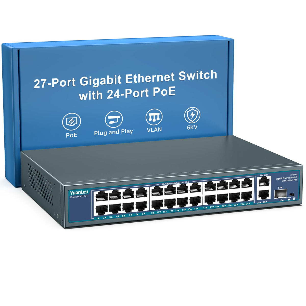 24 Port Gigabit PoE Switch Unmanaged, YuanLey 27-Port Gigabit PoE with 2 Uplink & 1 SFP, Rackmout, Build in 400W Power, Support 802.3af/at, Plug and