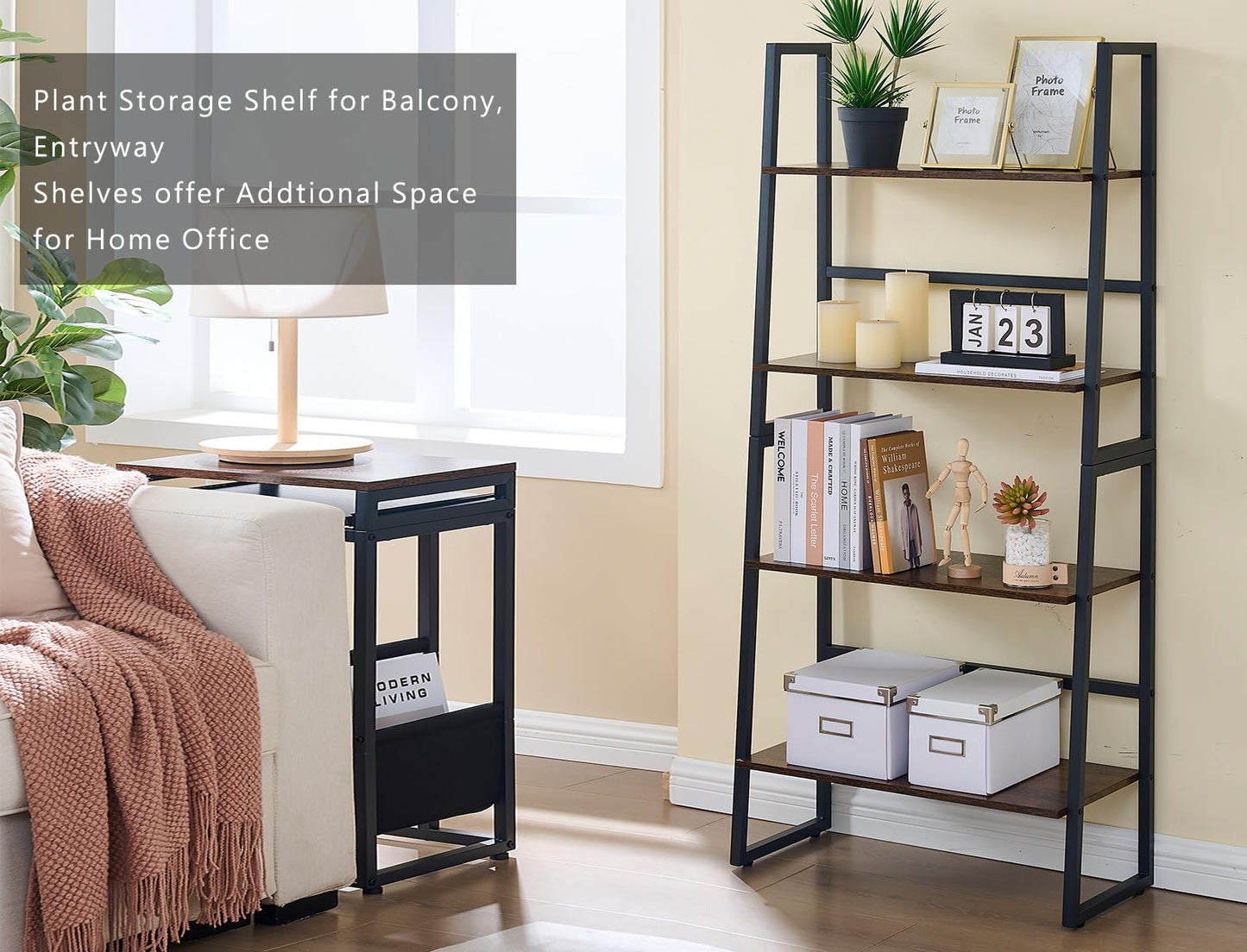 OYE 4 Tier Ladder Shelf, 2 in 1 Industrial Storage Rack Leaning Bookshelf for Living Room, Bedroom, Kitchen, Space Saving Small Book Shelf