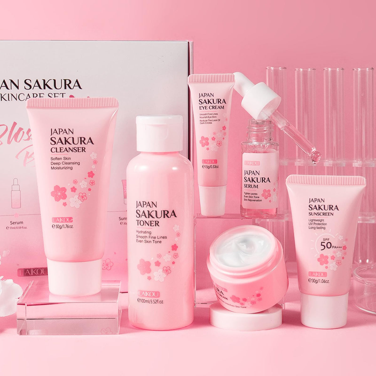 LAIKOU Skincare Gift Set for Teenage Girls, JAPAN SAKURA Skin Care Sets & Kits Gift Set for Women with Cleanser,Toner,Serum,Eye Cream,Face