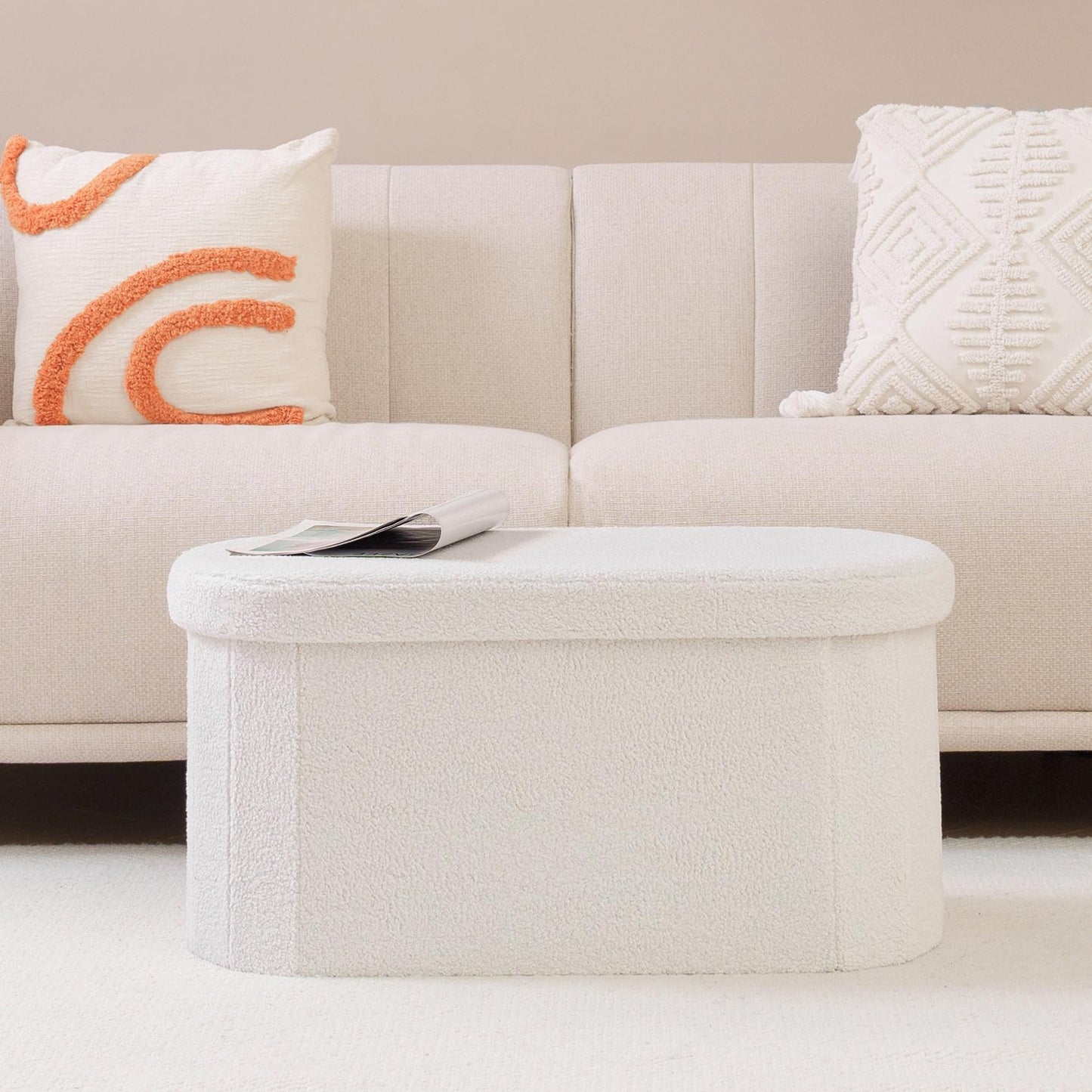 Bonlife Folding Ottoman Storage Bench,Boucle Footstool Oval, End of Bed Stool, Ideal for Living Room, Bedroom,76x38x38cm,White