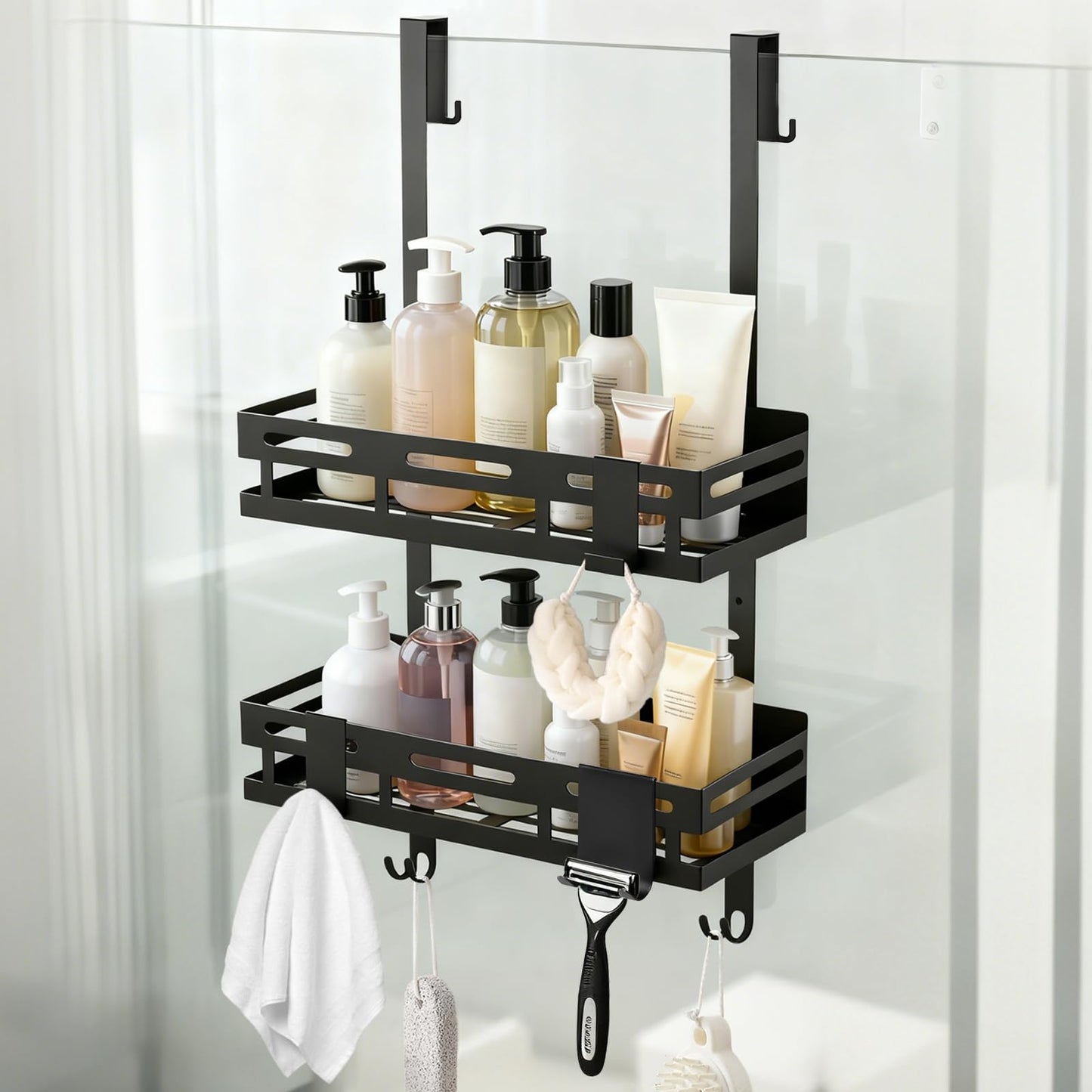 MDDK DY Shower Shelf No Drilling Black, Hanging Shower Caddy for Glass Doors, Bathroom Shelf with 2 Baskets, 4 Fixed Hooks, 2 Movable Hooks, and Wiper