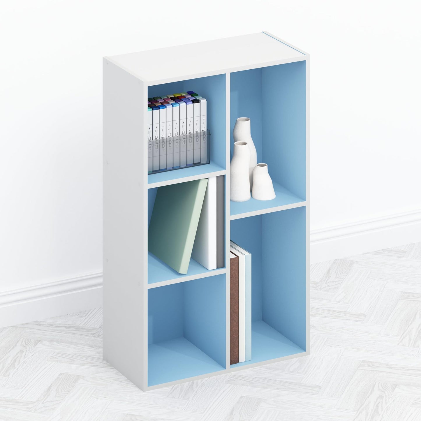 Furinno TOMI Book Shelf, 5-Cube Bookshelf, Reversible Bookcase, 23.88 x 49.53 x 80cm, for Living Room, Bedroom, Home Office, Light Blue
