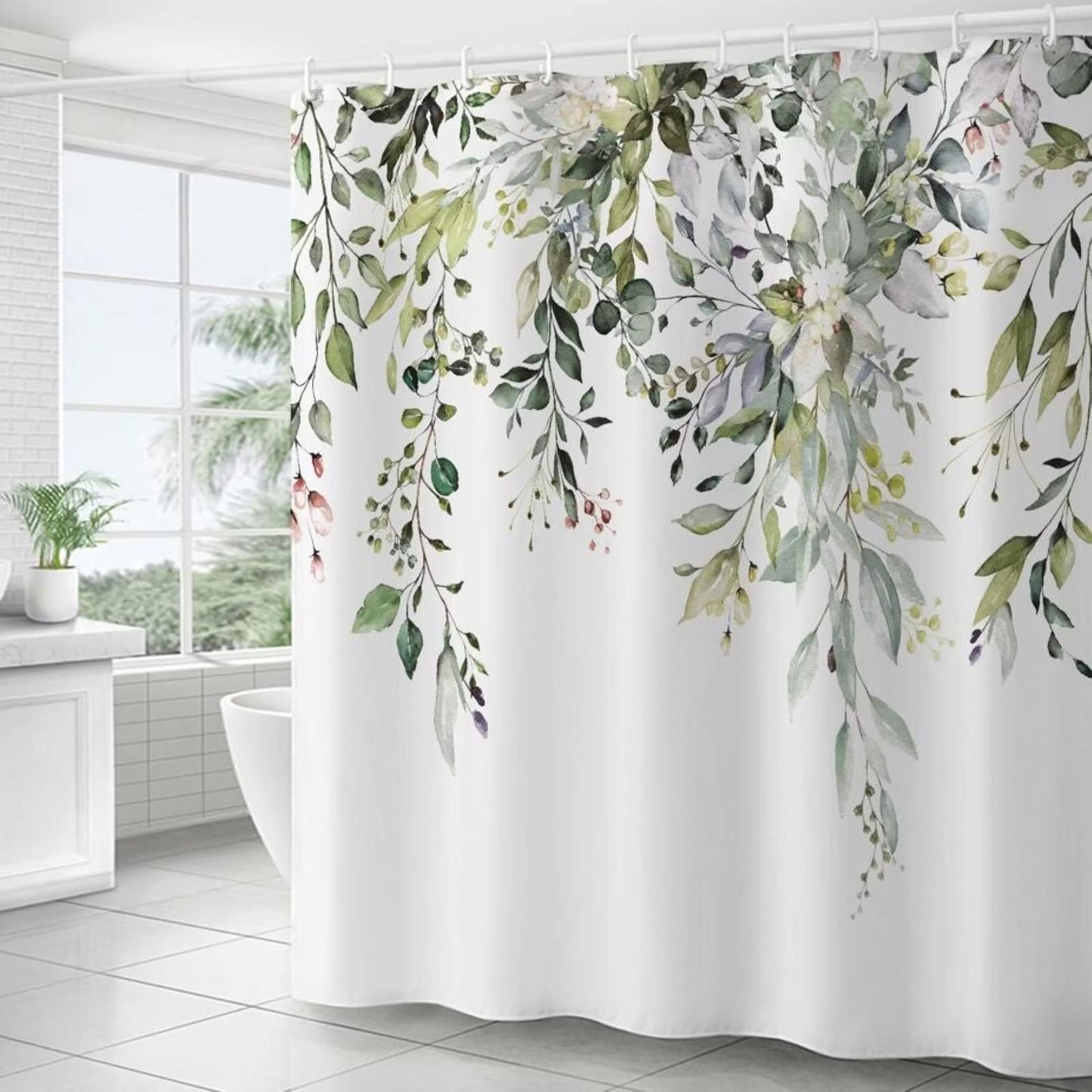 Ezmine Floral Shower Curtain Waterproof Plant Bathroom Decoration Leaves Washable Bathroom Curtain Decor Quick-Drying Shower Curtain with 12 Hooks