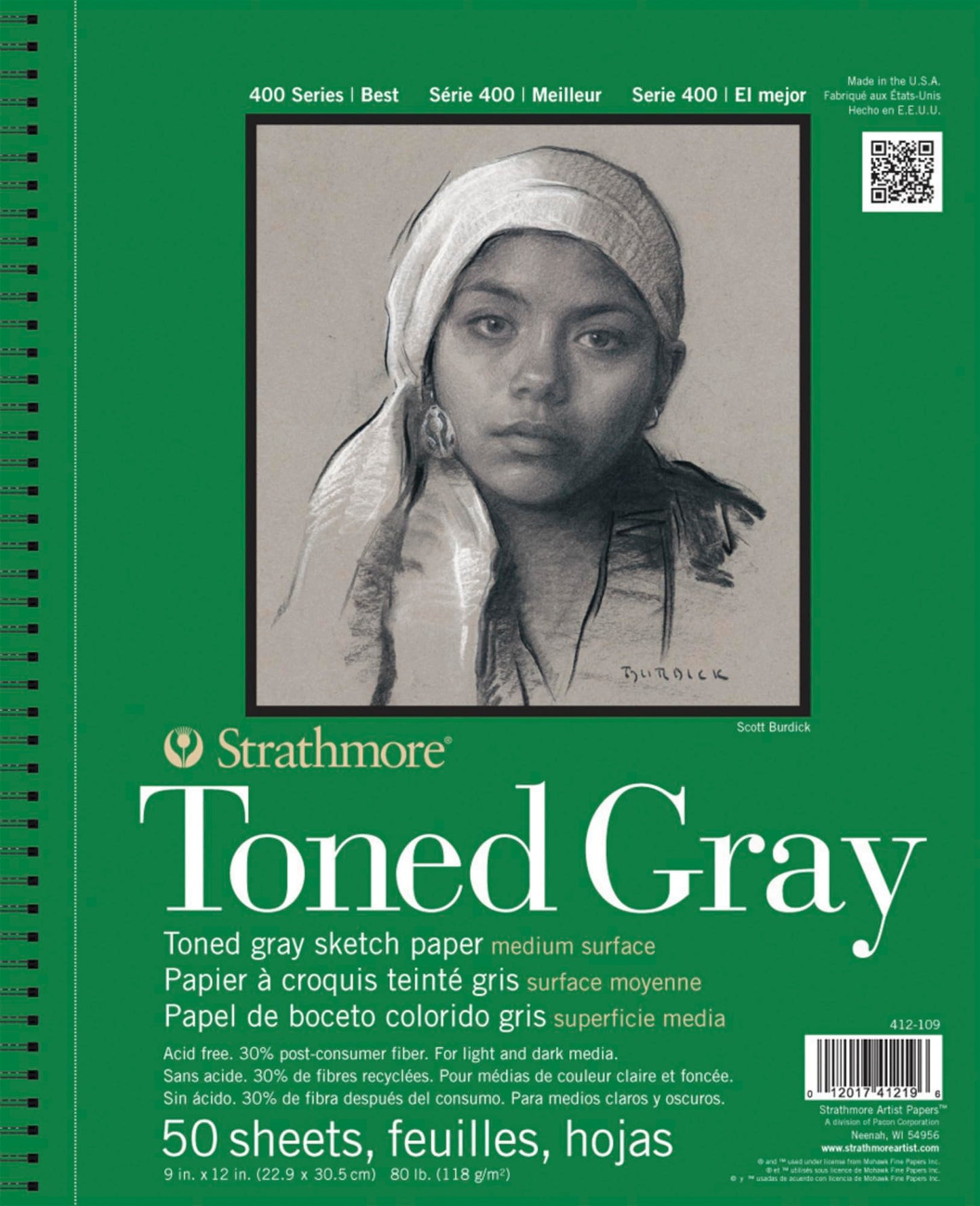 Strathmore 400 Toned 118gsm Paper Spiral Bound Sketchpad, Fine Grain, 9 x 12 in, 50 Grey Sheets, For Professionals & Students