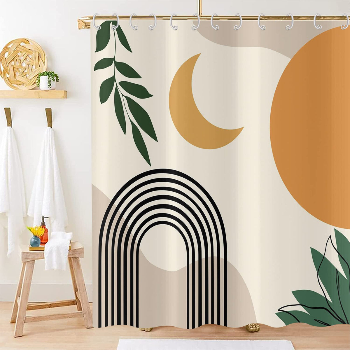 Hnmdmyi Boho Shower Curtain 180x180, Mid Century Abstract Leaf Arch Sun Moon Beige Bathroom Curtains Modern Minimalistic Geometric Aesthetic Art