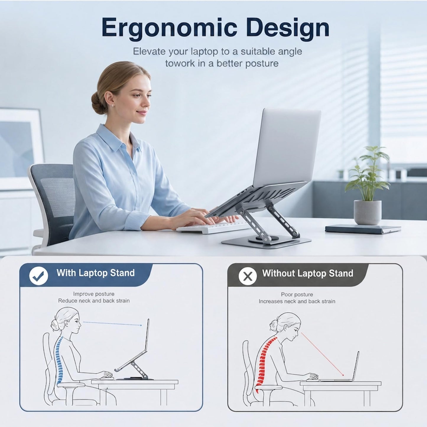 Hmeuest Adjustable Laptop Stand with 360° Rotating Base, Ergonomic Aluminium Laptop Riser for Desk